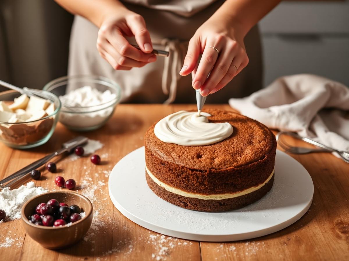 Leipuri koristelee kakkua pursotinpussilla puisella työtasolla